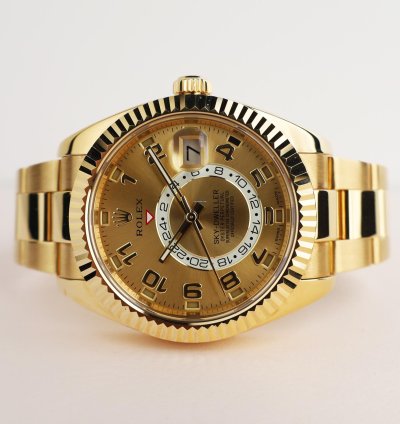 Rolex Sky-dweller 42mm Yellow Gold Fluted Bezel Champagne Arabic Dial 326938