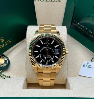 Rolex Sky-dweller New 2022 Black Dial Yellow Gold Fluted Bezel Oyster Bracelet
