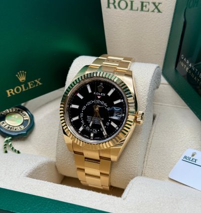 Rolex Sky-dweller New 2022 Black Dial Yellow Gold Fluted Bezel Oyster Bracelet