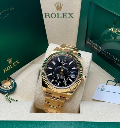 Rolex Sky-dweller New 2022 Black Dial Yellow Gold Fluted Bezel Oyster Bracelet