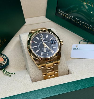 Rolex Sky-dweller New 2022 Black Dial Yellow Gold Fluted Bezel Oyster Bracelet