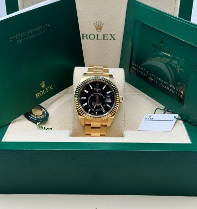 Rolex Sky-dweller New 2022 Black Dial Yellow Gold Fluted Bezel Oyster Bracelet