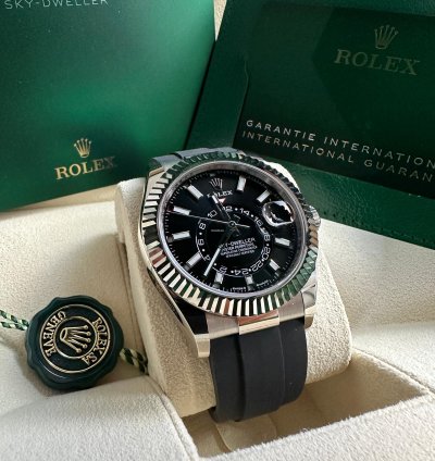 Rolex Sky-dweller New Reference 2023 Black Dial White Gold Fluted Bezel Oysterflex Rubber Strap