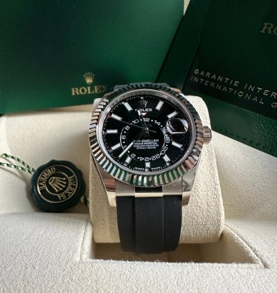 Rolex Sky-dweller New Reference 2023 Black Dial White Gold Fluted Bezel Oysterflex Rubber Strap