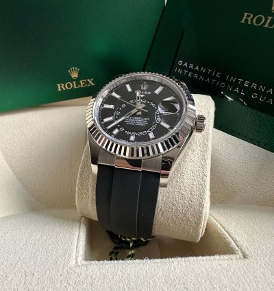 Rolex Sky-dweller New Reference 2023 Black Dial White Gold Fluted Bezel Oysterflex Rubber Strap