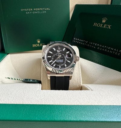Rolex Sky-dweller New Reference 2023 Black Dial White Gold Fluted Bezel Oysterflex Rubber Strap