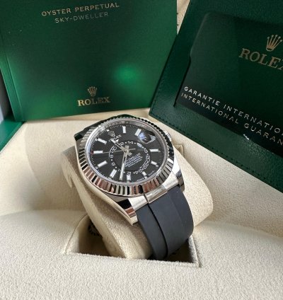 Rolex Sky-dweller New Reference 2023 Black Dial White Gold Fluted Bezel Oysterflex Rubber Strap