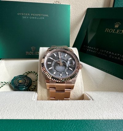 Rolex Sky-dweller New Release 2023 Rose Gold Rhodium Gray Dial Fluted Bezel 18k 42mm