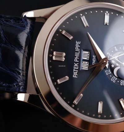 Patek Philippe Annual Calendar Blue Baguette Diamond Dial 5396g-017 Papers Box German Delivered Moonphase 18k White Gold