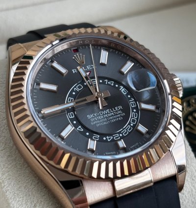 Rolex Sky-dweller Slate Dial In Everose Gold On Oysterflex
