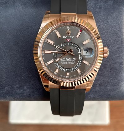 Rolex Sky-dweller Slate Dial In Everose Gold On Oysterflex