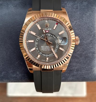 Rolex Sky-dweller Slate Dial In Everose Gold On Oysterflex
