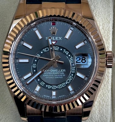 Rolex Sky-dweller Slate Dial In Everose Gold On Oysterflex