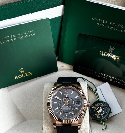 Rolex Sky-dweller Slate Dial In Everose Gold On Oysterflex
