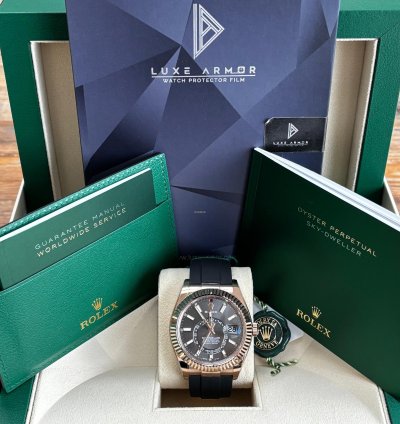 Rolex Sky-dweller Slate Dial In Everose Gold On Oysterflex