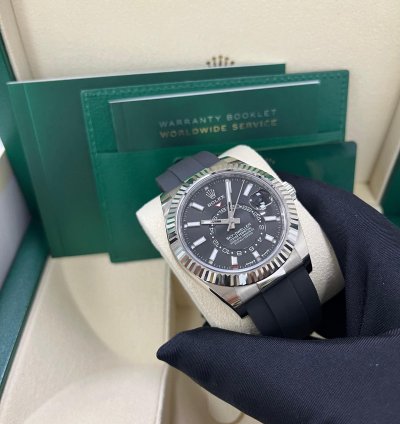 Rolex Sky-dweller White Gold Fluted Bezel Black Index Dial Oysterflex Strap 336239