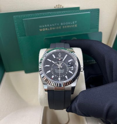 Rolex Sky-dweller White Gold Fluted Bezel Black Index Dial Oysterflex Strap 336239