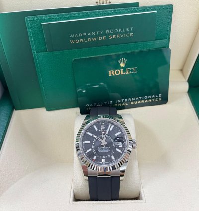 Rolex Sky-dweller White Gold Fluted Bezel Black Index Dial Oysterflex Strap 336239