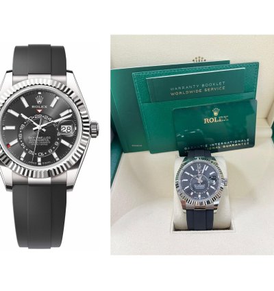 Rolex Sky-dweller White Gold Fluted Bezel Black Index Dial Oysterflex Strap 336239