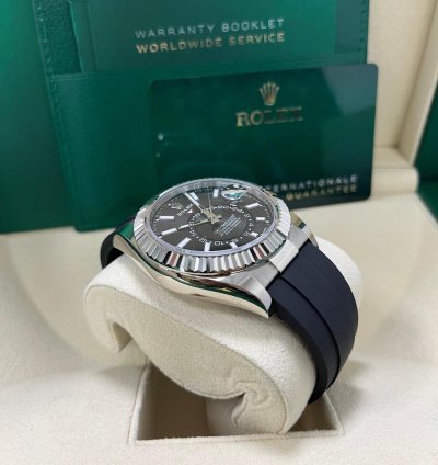 Rolex Sky-dweller White Gold Fluted Bezel Black Index Dial Oysterflex Strap 336239