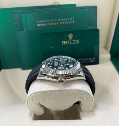 Rolex Sky-dweller White Gold Fluted Bezel Black Index Dial Oysterflex Strap 336239