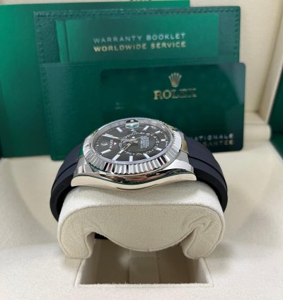 Rolex Sky-dweller White Gold Fluted Bezel Black Index Dial Oysterflex Strap 336239