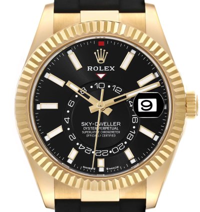 Rolex Sky-dweller Yellow Gold Black Dial Oysterflex Mens Watch 336238 Unworn