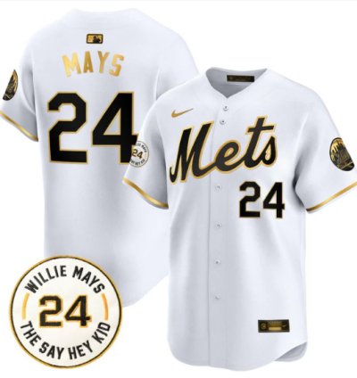 Willie Mays Jersey 24 New York Mets Willie Mays Patch Vapor Premier Limited Stitched White Gold