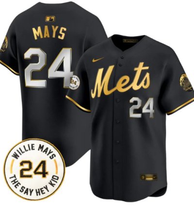 Willie Mays Jersey 24 New York Mets Willie Mays Patch Vapor Premier Limited Stitched Black Gold