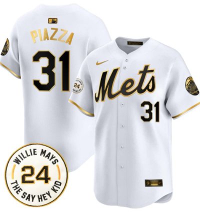 Mike Piazza Jersey 31 Mets Willie Mays Patch Vapor Premier Limited Stitched White Gold