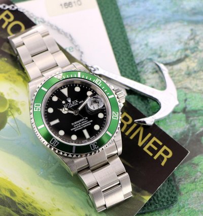 Rolex Submariner Date Green Bezel Ref 16610lv Fat Four Bezel Nos Full Set 2004
