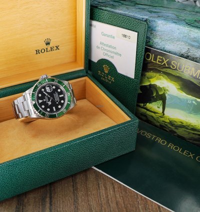 Rolex Submariner Date Green Bezel Ref 16610lv Fat Four Bezel Nos Full Set 2004