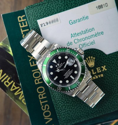 Rolex Submariner Date Green Bezel Ref 16610lv Fat Four Bezel Nos Full Set 2004