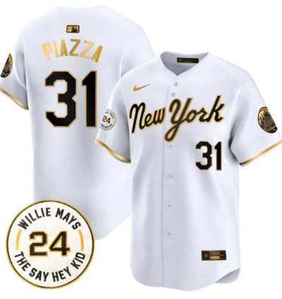 Mike Piazza Jersey 31 Mets Willie Mays Patch Vapor Premier Limited Stitched New York Gold
