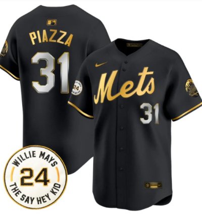 Mike Piazza Jersey 31 Mets Willie Mays Patch Vapor Premier Limited Stitched Black Gold