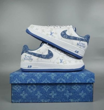Louisvuitton X Nik E Air Force 1 Denim Blue Sneakers