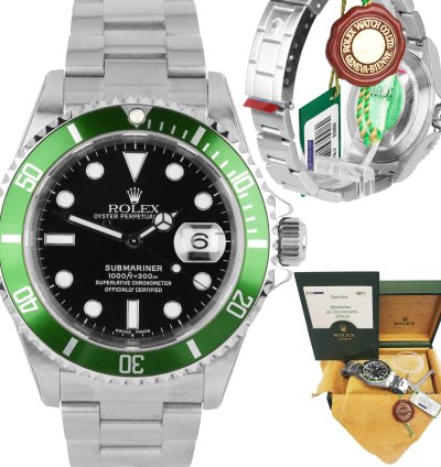 Rolex Submariner Date Nos Stickered 2003 Rolex Submariner Kermit Green Flat 4 -serial Watch 16610 Lv