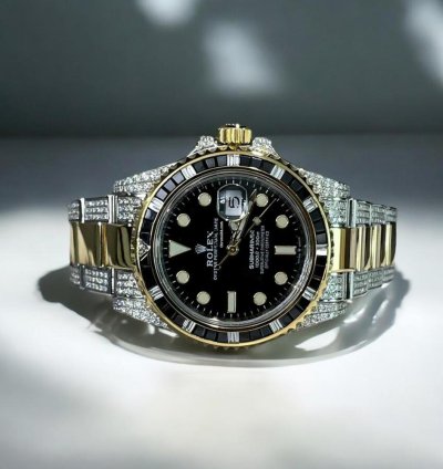 Rolex Submariner Date Oyster Custom Diamond Black Onyx Bezel - Iced Out