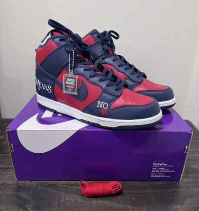 Supreme Dunk High Sb By Any Means Red Navy