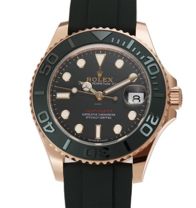 Rolex Yacht-master 37 18k Eversose Gold Ceramic Bezel Black Dial Oysterflex