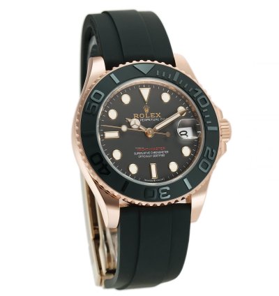 Rolex Yacht-master 37 18k Eversose Gold Ceramic Bezel Black Dial Oysterflex