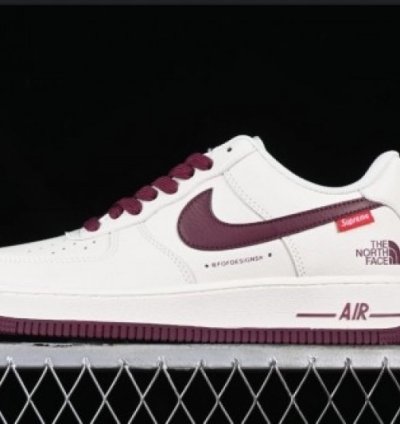 Nik E Air Force 1 07 Low White Dark Red X Supreme X North Fac E Sneakers