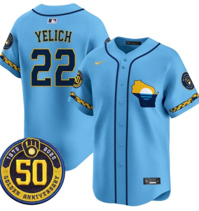 Christian Yelich Jersey 22 Milwaukee Brewers Golden 50th Anniversary Patch Stitched Blue
