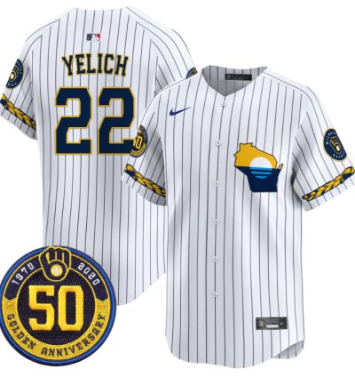 Christian Yelich Jersey 22 Milwaukee Brewers Golden 50th Anniversary Patch Stitched Pinstripe