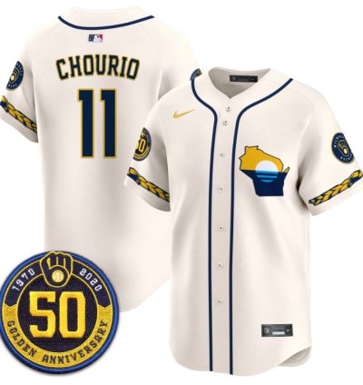 Jackson Chourio Jersey 11 Milwaukee Brewers Golden 50th Anniversary Patch Stitched Cream
