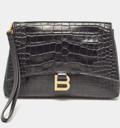 Balenciaga Black Croc Embossed Leather Crush Pochette