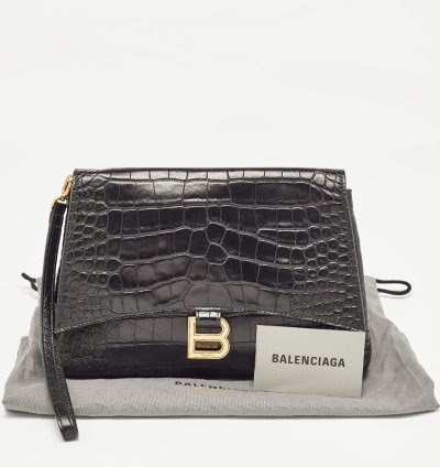 Balenciaga Black Croc Embossed Leather Crush Pochette