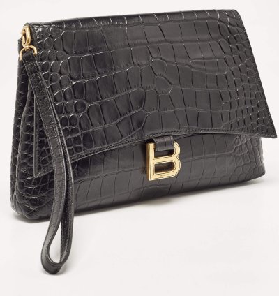 Balenciaga Black Croc Embossed Leather Crush Pochette