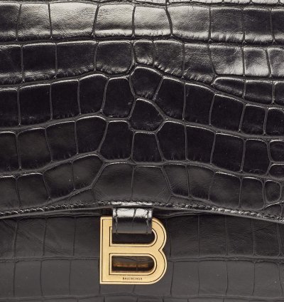 Balenciaga Black Croc Embossed Leather Crush Pochette