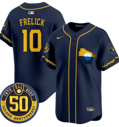 Sal Frelick Jersey 10 Milwaukee Brewers Golden 50th Anniversary Patch Stitched Navy